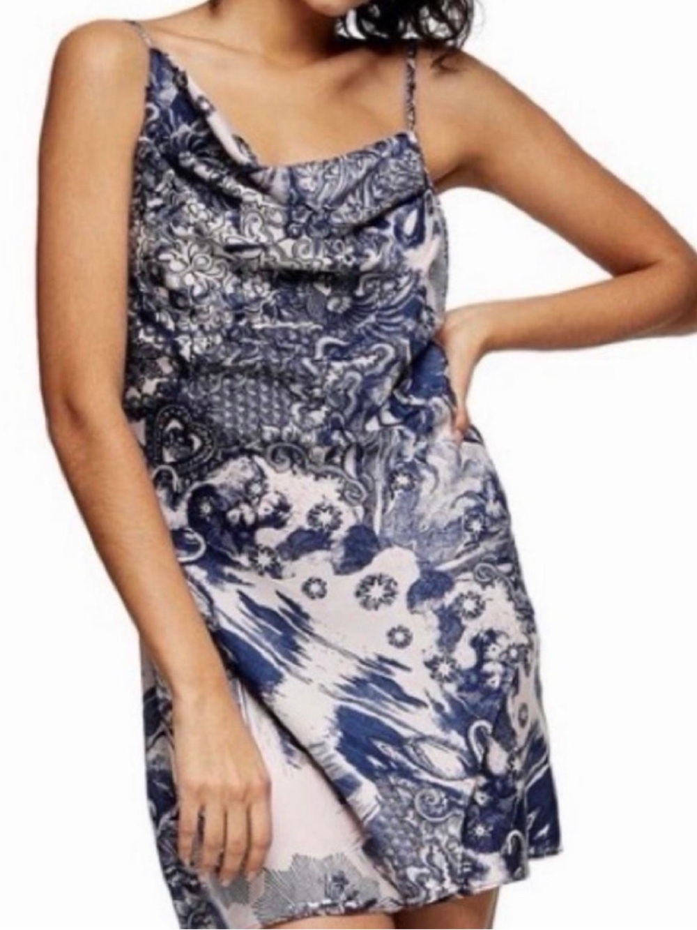 Topshop Blue Paisley Cowl Slip Mini Dress